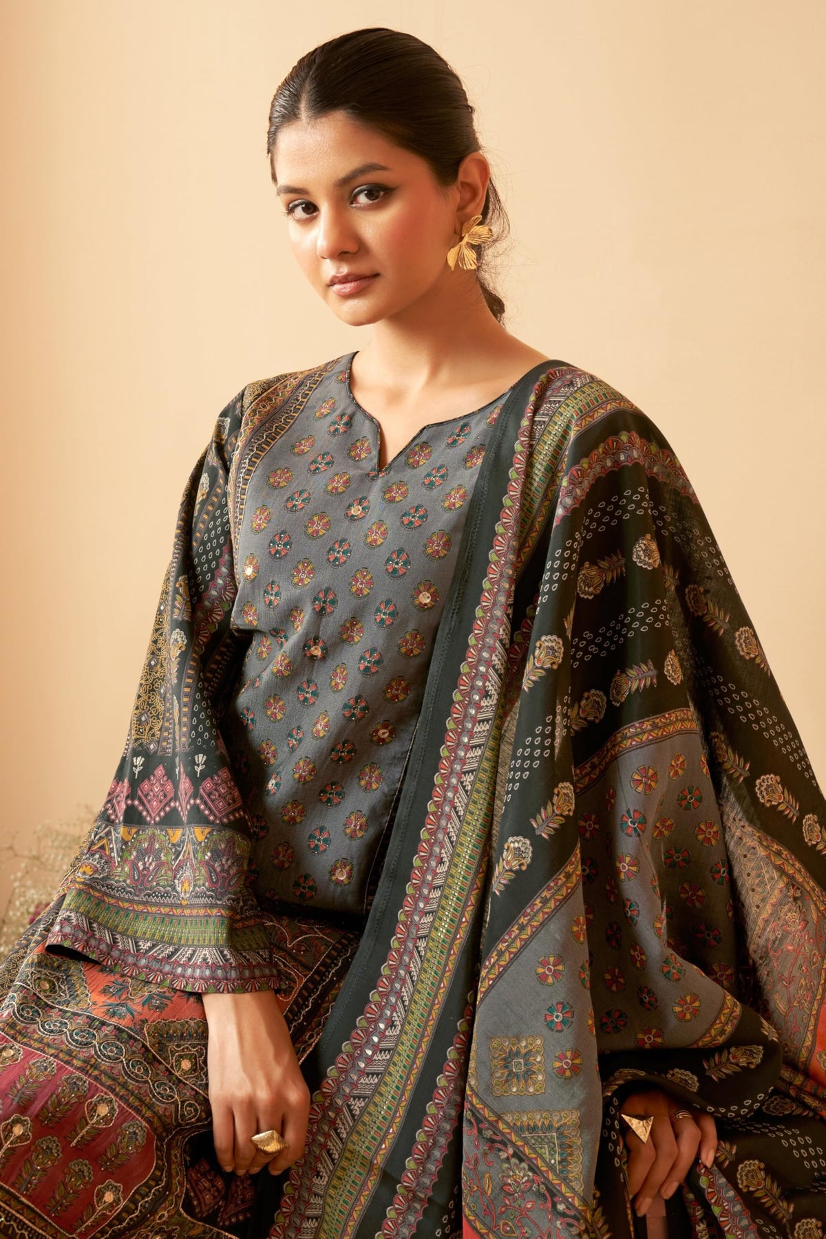 DRAVINAM Trends Women's Unstitched Maslin Suit Material - Embroidered Digital Printed Foil Masline Top II Masline Bottoms II Maslin Digital Dupatta