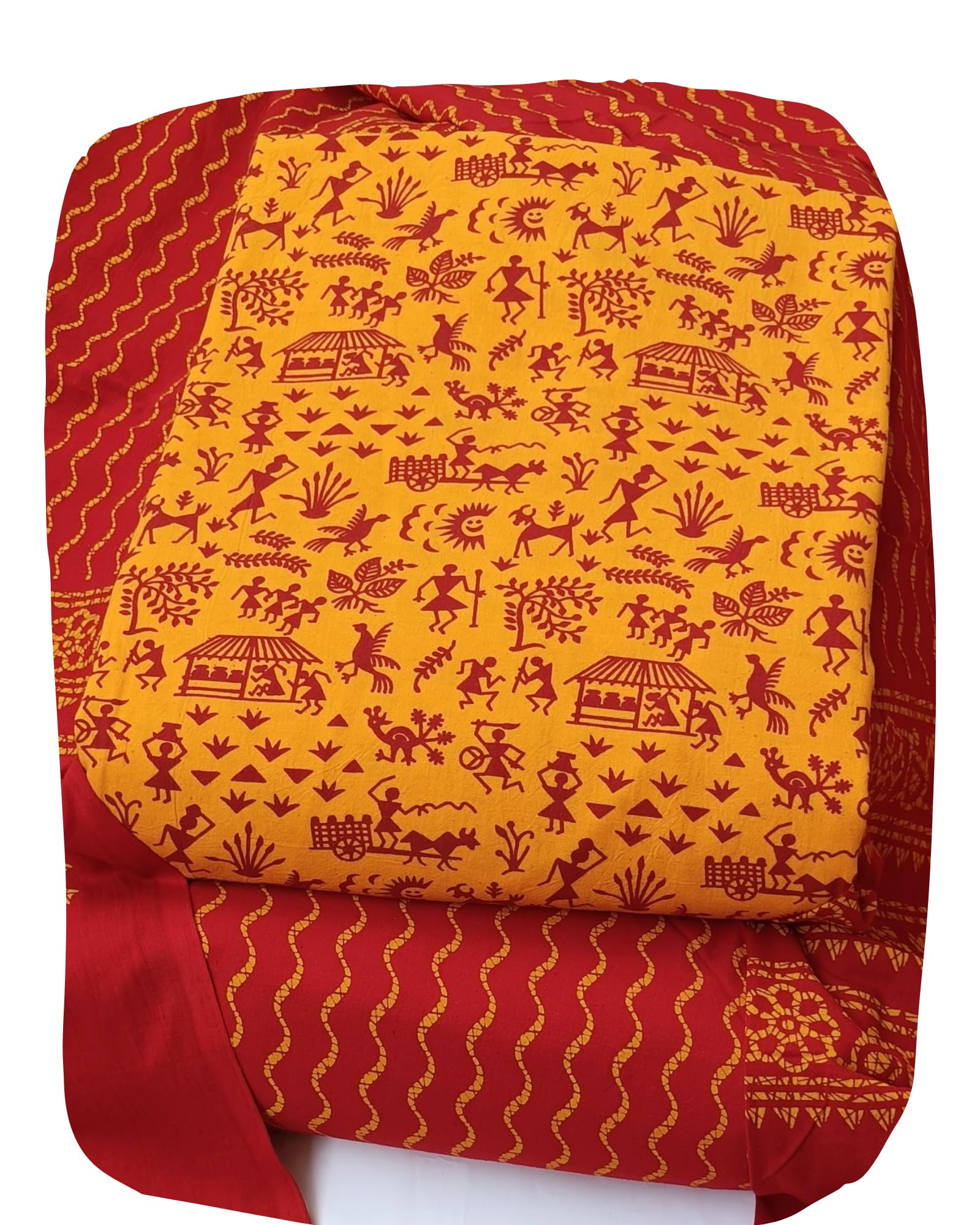 DRAVINAM Trends Women's Premium Cotton Unstitched Salwar Suit Dress Material Set | Traditional Rajasthani Gujari Block Print (Red & Mustard Yellow)