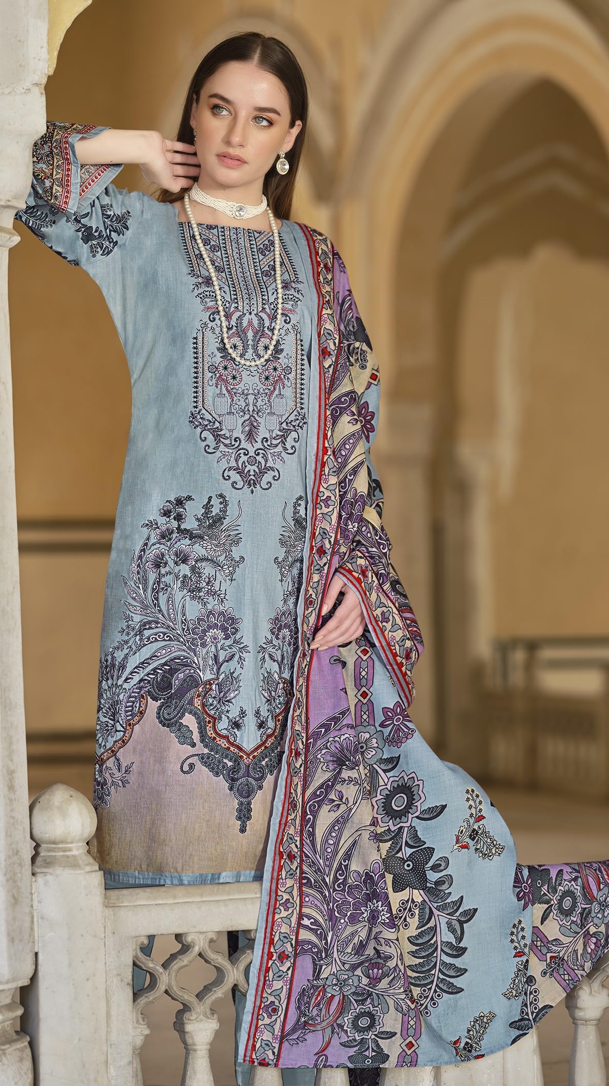 DRAVINAM Trends Women's Unstitched Pakistani Print Embroidered Cotton Salwar Suit Dress Materials with Cotton Printed Dupatta