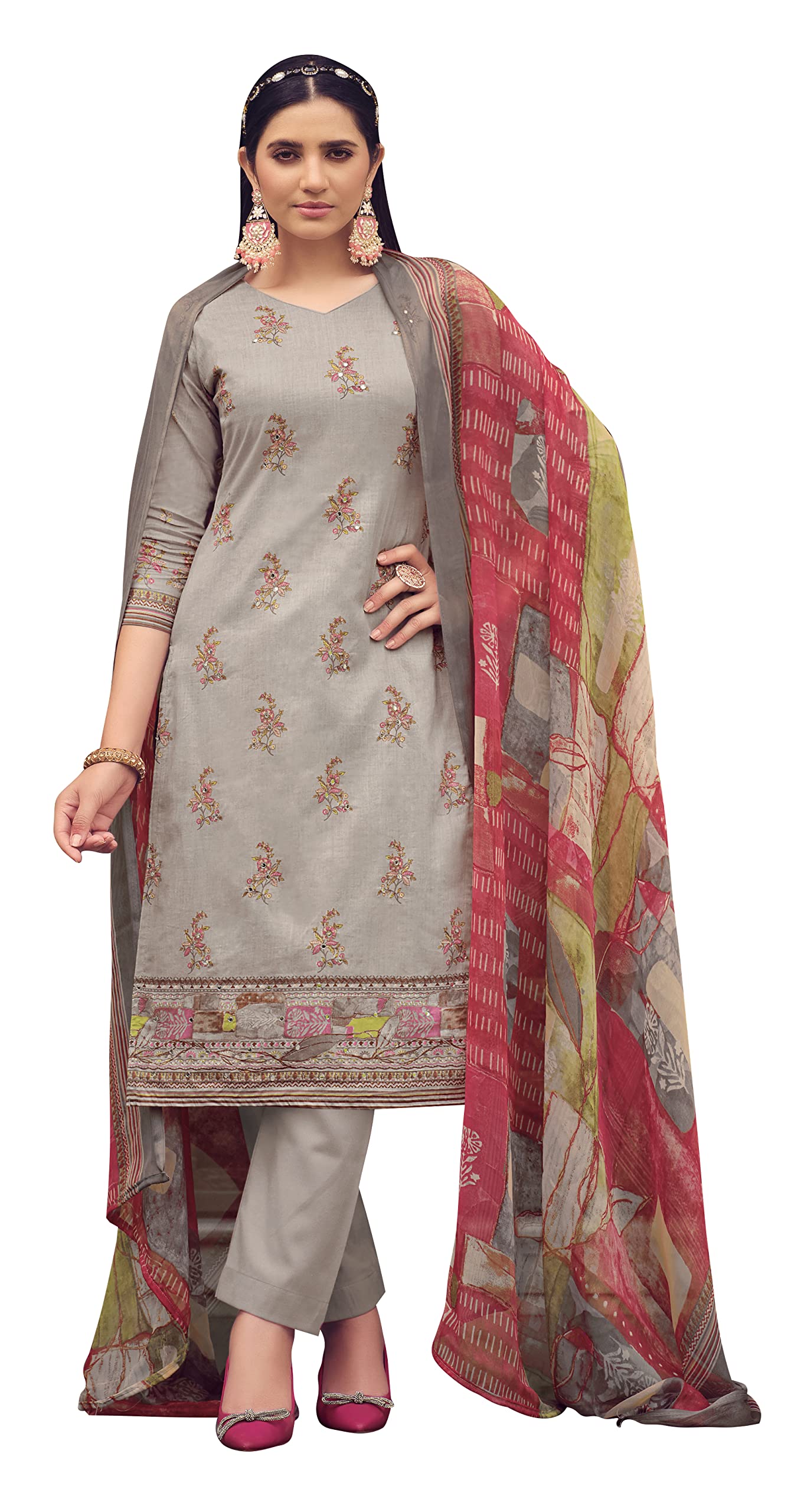 DRAVINAM Trends Unstitched Printed Mirror Work Cotton Salwar Suits Dress Material with Chiffon Dupatta (Green)
