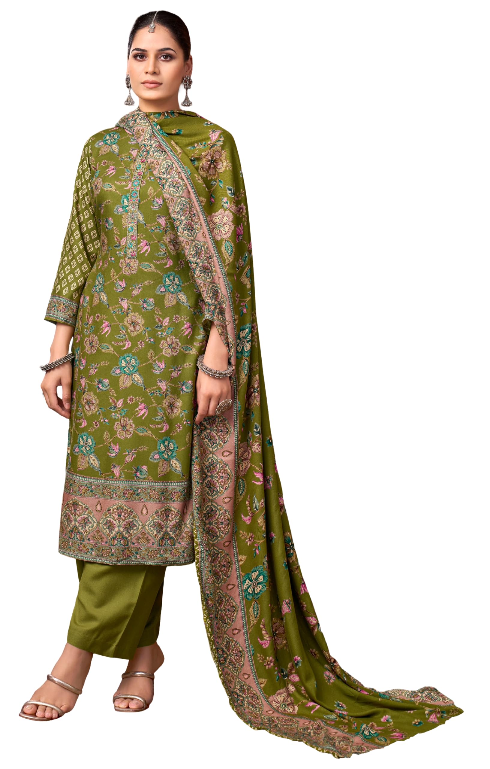 DRAVINAM Trends Women's Winter Wear Unstitched Discharge Print Embroidered Woollen Viscose Pashmina Salwar Suit Dress Material with Pashmina Printed Shawl Dupatta