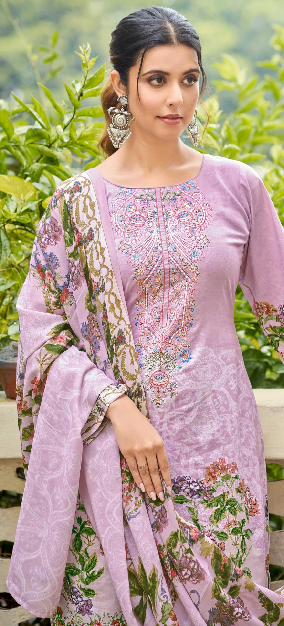 DRAVINAM Trends Unstitched Pure Lawn Cotton Pakistani Embroidered Suit Dress Material with Unstitched Bottoms and Cotton Dupatta