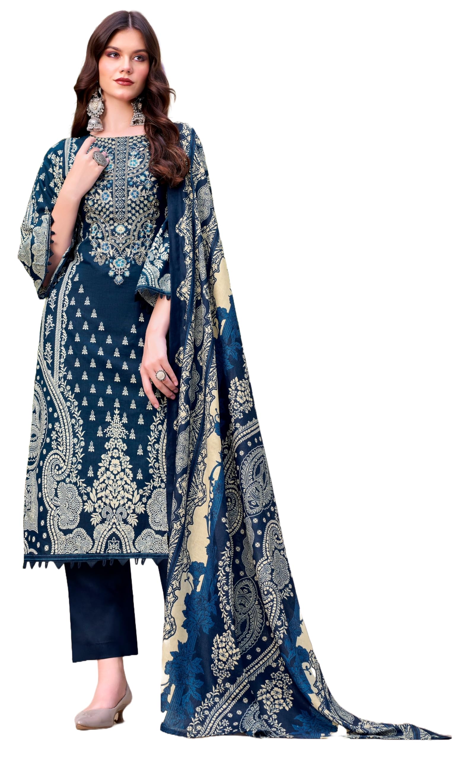 DRAVINAM Trends Women's Unstitched Cotton Suit Dress Material -Embroidered Digital Print Top II Plain Bottoms II Digital Print Dupatta
