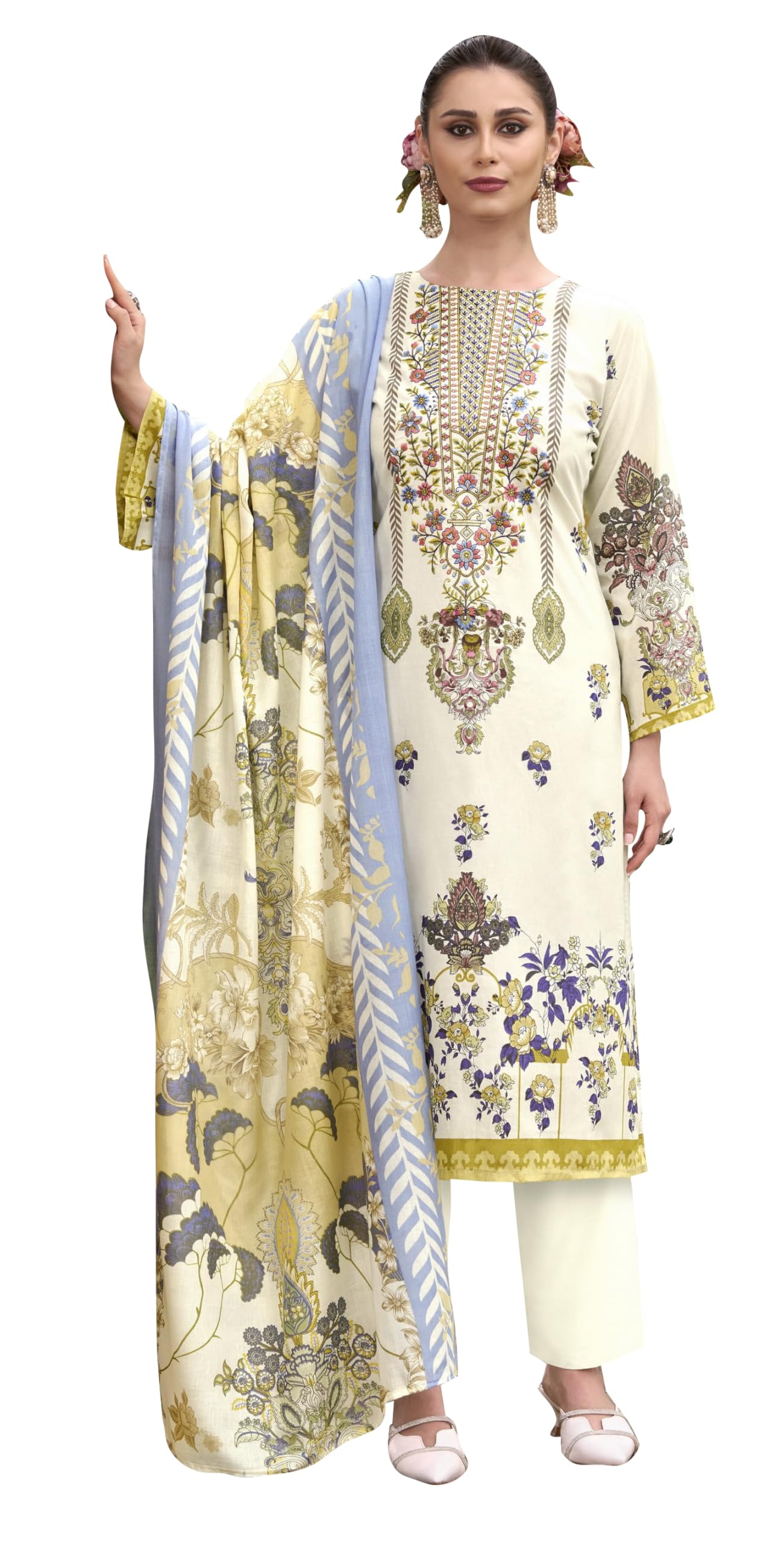 DRAVINAM Trends Women's Unstitched Cotton Suit Dress Material - Pure Cotton Embroidered Digital Top II Cotton Bottoms II Cotton Digital Print Dupatta