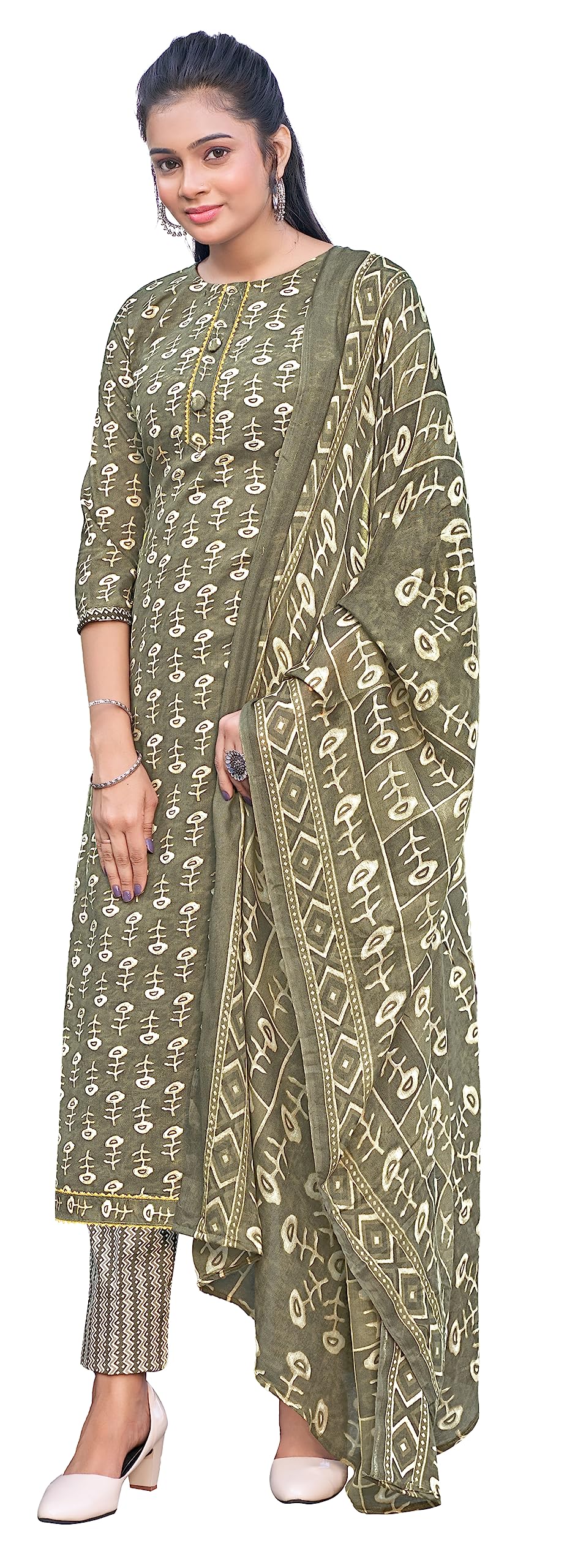 DRAVINAM Trends Women's Pure Cotton Batik Printed Unstitiched Salwar Suit Dress Material with Cotton Printed Dupatta (Grey)