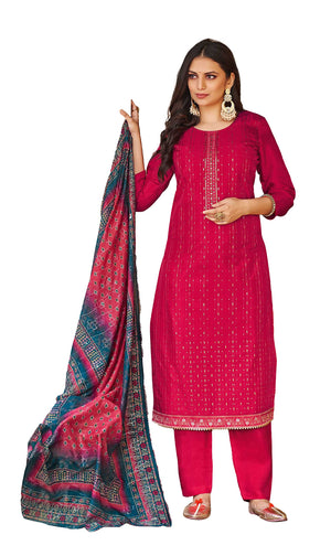 DRAVINAM Trends Women's Pure Viscose Upada Silk Sequence work Unstitched Salwar Suit Material with Pure Muslin Digital Print Sequence Dupatta (Free size_Red)