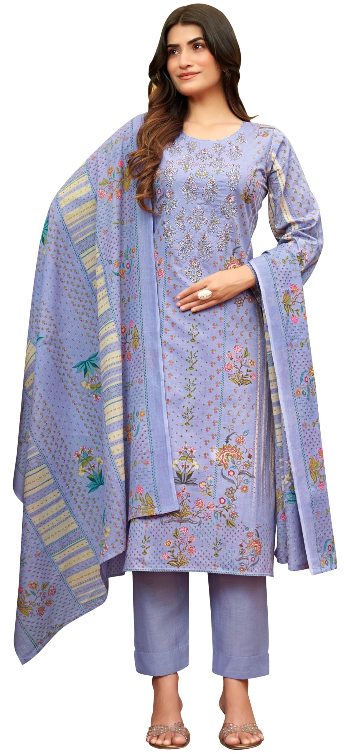 DRAVINAM Trends Women's Unstitched Salwar Suit Dress Material - Cotton Digital Printed Organza Embroidered Kameez II Unstitch Bottoms II Cotton Dupatta