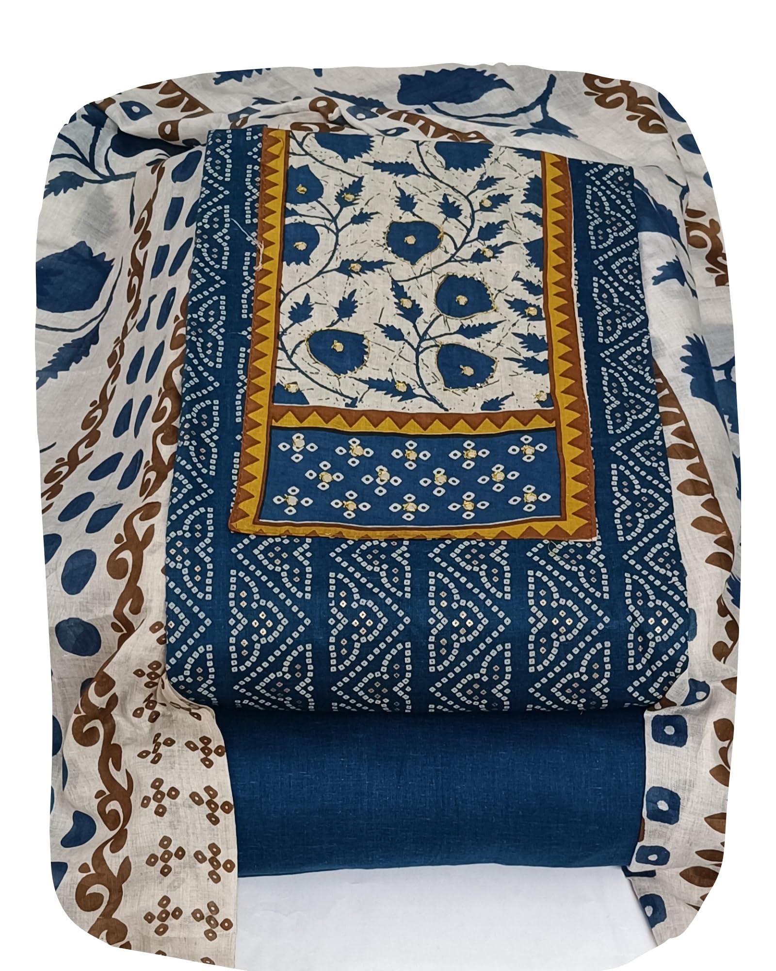 DRAVINAM Trends Women's Unstitched Cambric Cotton Dress Material Salwar Suit Set with Dupatta | Geometric Batik Print & Embellished Neckline (Multicolor)