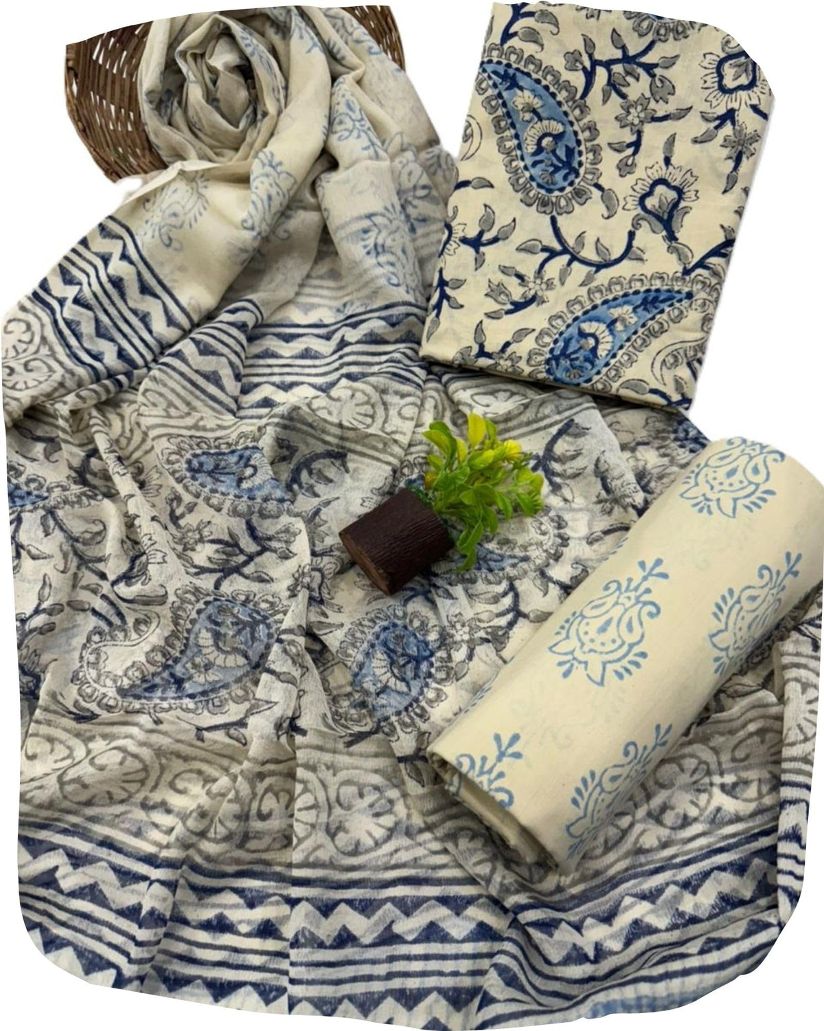 DRAVINAM Trends Hand Block Print Cambric Cotton Unstitched Salwar Suit Set for Women with Pure Chiffon Hand Printed Dupatta