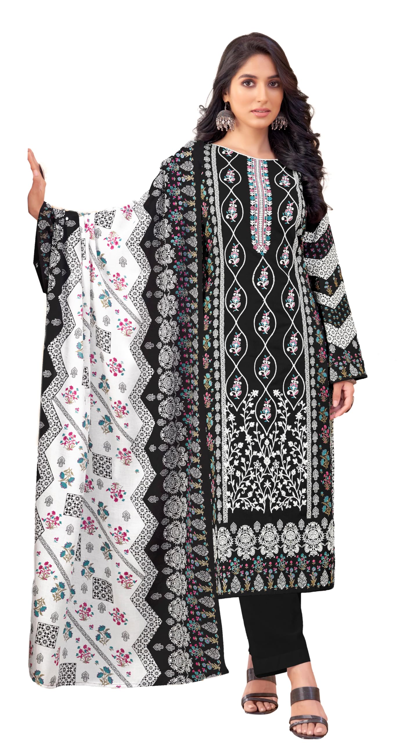 DRAVINAM Trends Women's Pakistani Print Embroidered Unstitcehd Pure Cambric Cotton Salwar Suit Dress Materials with Pure Cotton Printed Dupatta