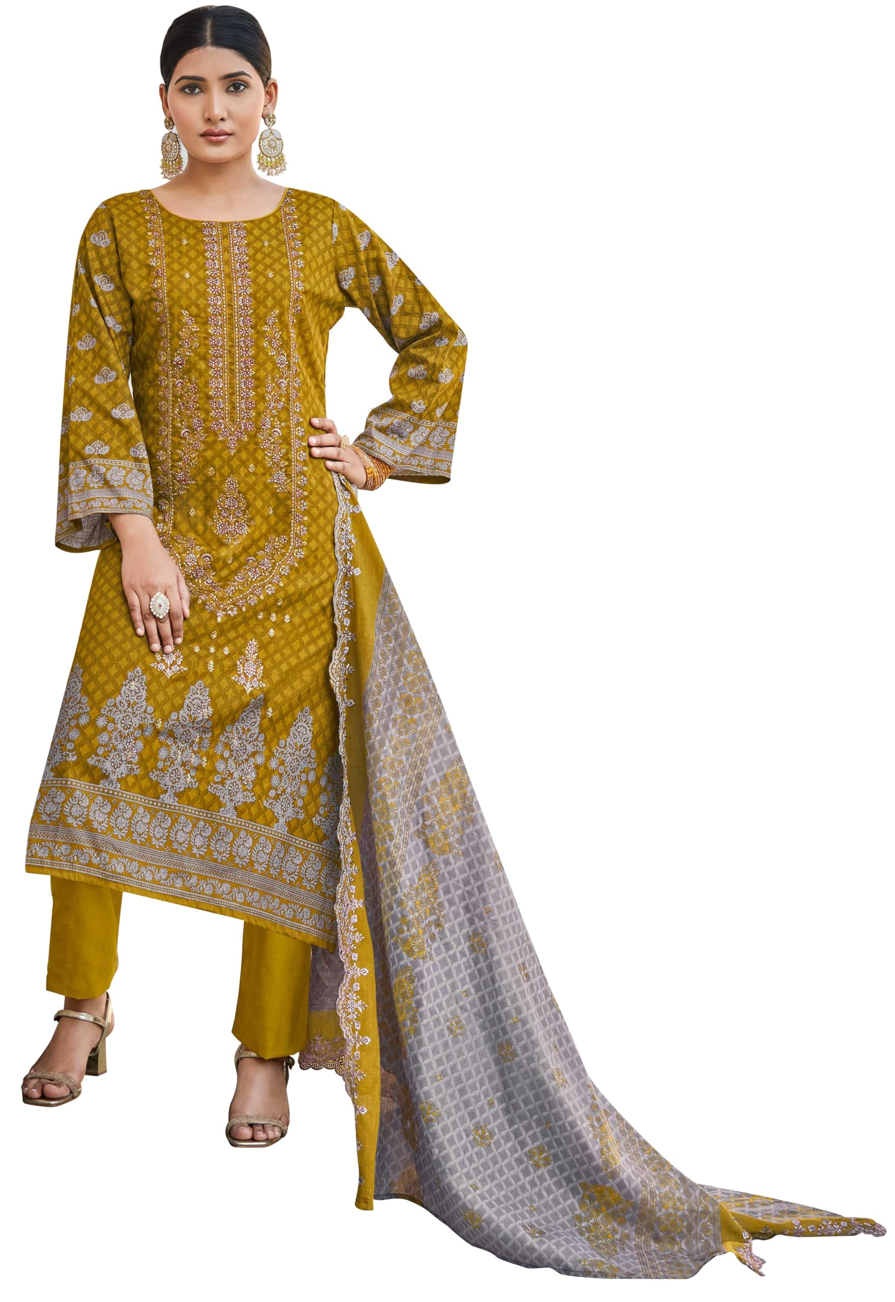 DRAVINAM Trends Women's Unstitched Pakistani Digital Print Embroidered Pure Cotton Salwar Suit Dress Materials with Cotton Digital Embroidered Cutwork Dupatta