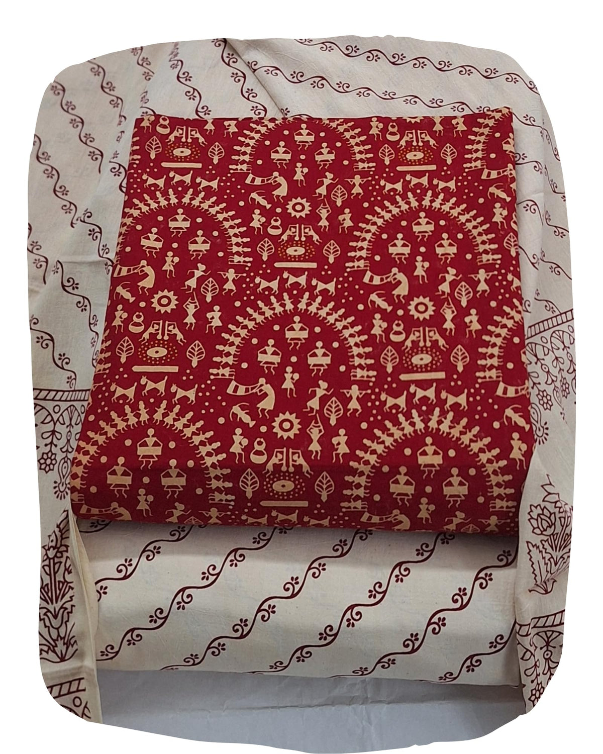 DRAVINAM Trends Women's Premium Cotton Unstitched Salwar Suit Dress Material Set | Traditional Rajasthani Gujari Block Print (Red & Mustard Yellow)