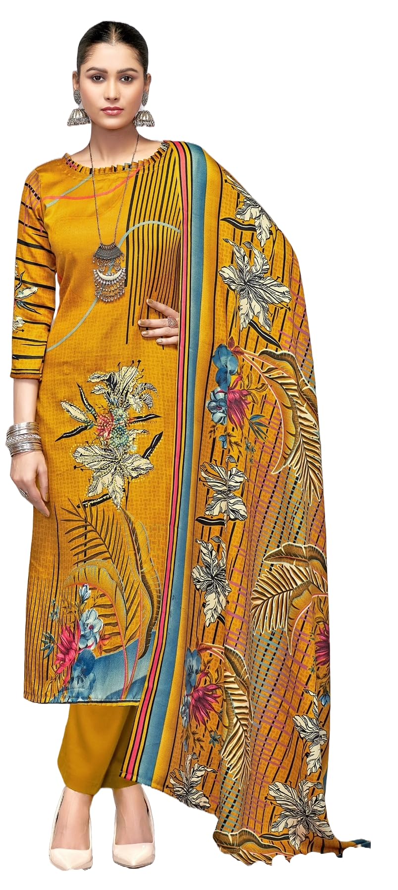 DRAVINAM Trends Women's Winter Wear Kashmiri Kani Printed Warm Salwar Kameez Dress Material with Twill Pashmina Printed Shawl Dupatta