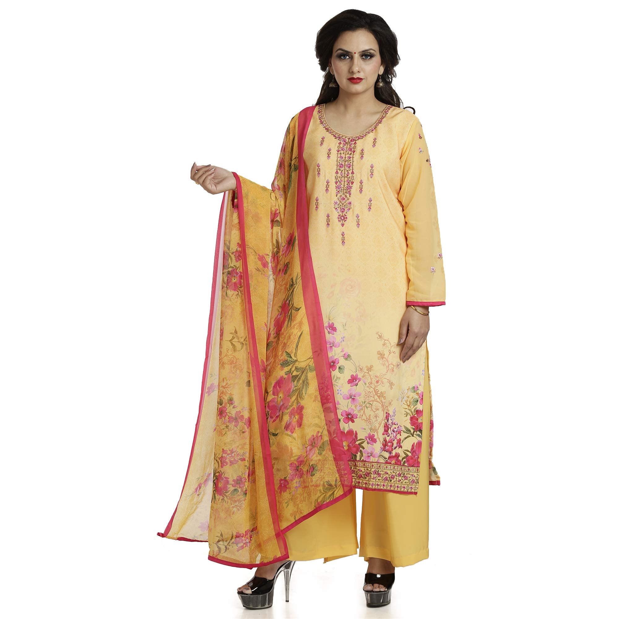 DRAVINAM Trends Women's Embroidered Pure Crepe Floral Printed Salwar Suit Dress Material with Printed Georgette Dupatta (Unstitched)