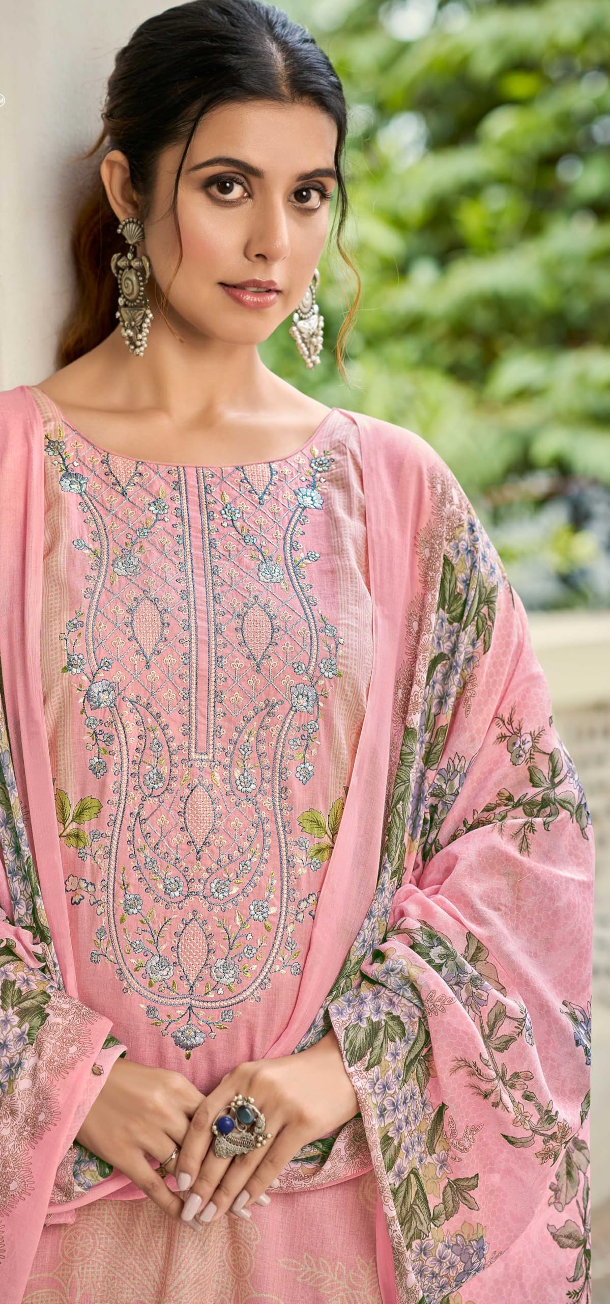 DRAVINAM Trends Unstitched Pure Lawn Cotton Pakistani Embroidered Suit Dress Material with Unstitched Bottoms and Cotton Dupatta