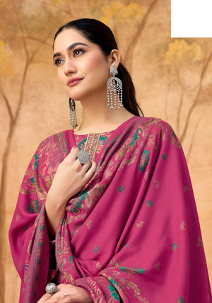 DRAVINAM Trends Women's Winter Wear Unstitched Discharge Print Hand Work Neck Embroidered Woollen Viscose Pashmina Salwar Suit Dress Material with Pashmina Printed Shawl Dupatta