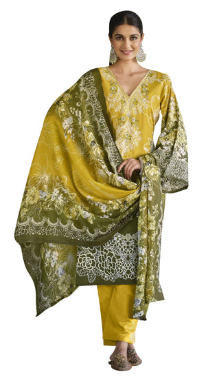 DRAVINAM Trends Women's Stitched Digital Style Print Embroidered Pure Cotton Kurta Pant Suit Set II Solid Pants II Printed Malmal Dupatta (XL / 42)
