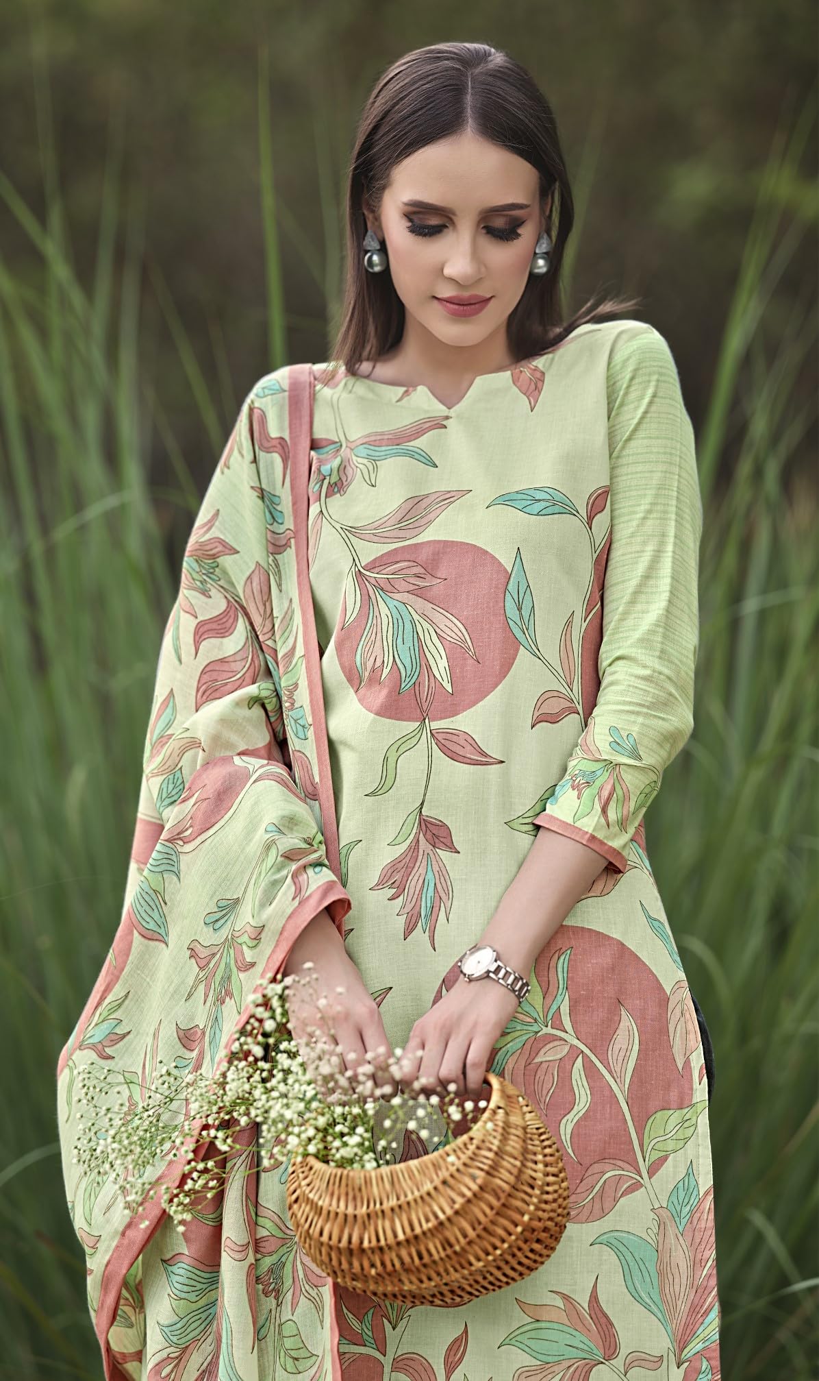 DRAVINAM Trends Pure Cotton Printed Unstitched Salwar Suit Dress Material with Unstitched Bottoms and Cotton Dupatta