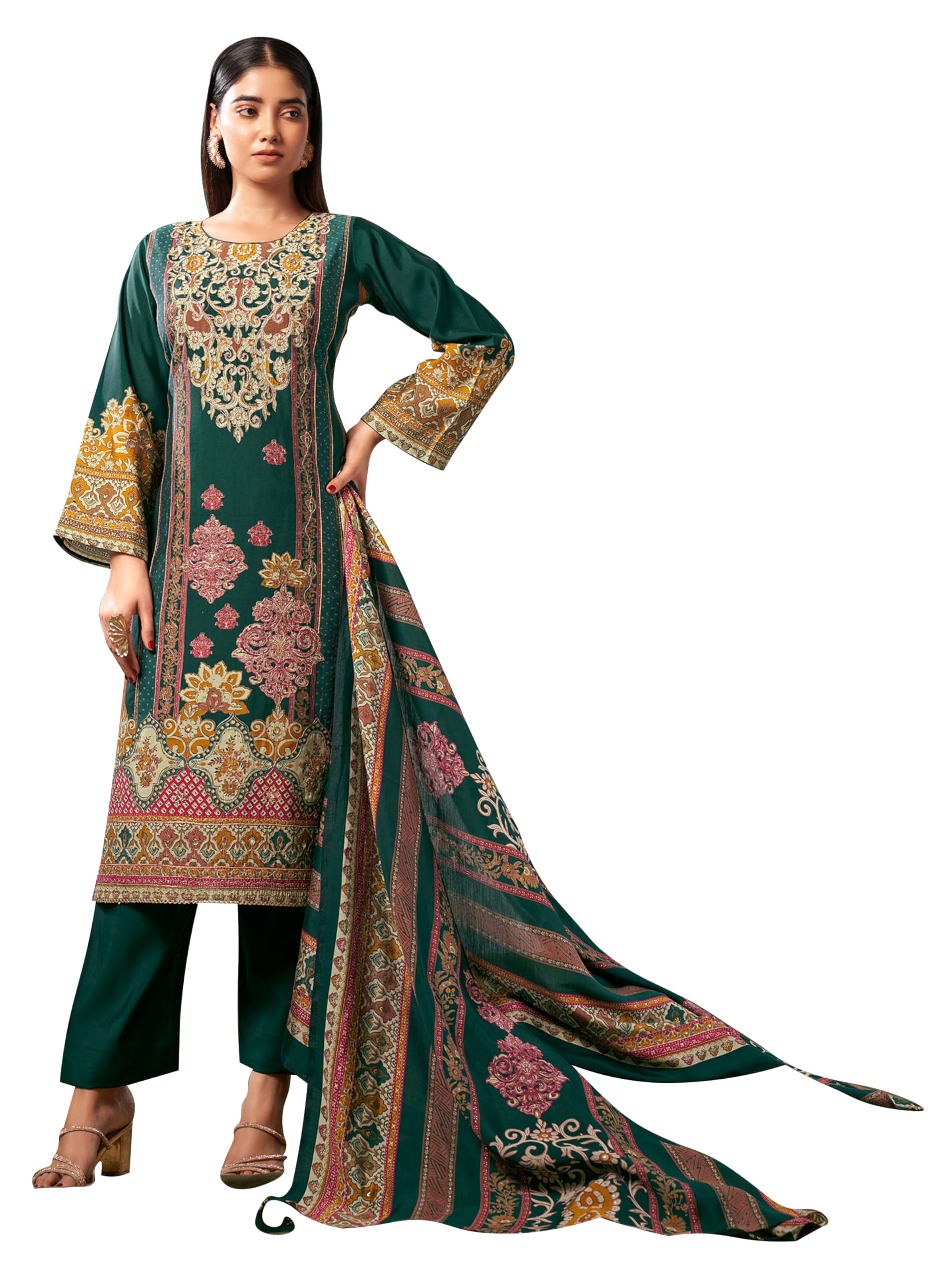DRAVINAM Trends Women's Unstitched Pure Maslin Digital Foil Printed Pakistani Embroidered Suit Dress Material with Unstitched Maslin Bottoms and Maslin Dupatta