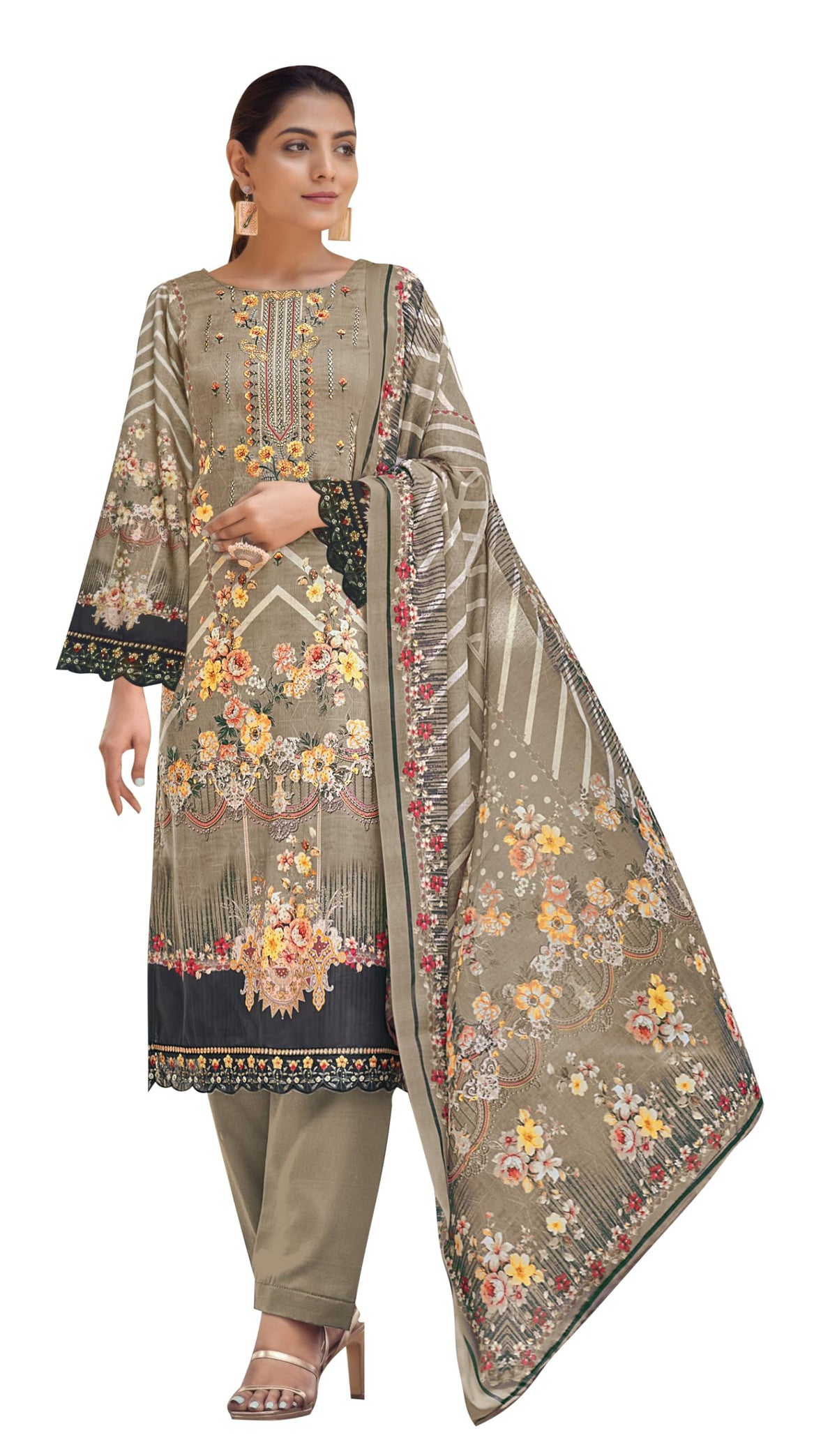 DRAVINAM Trends Unstitched Suit Material II Jam Cotton Pakistani Digital Printed Neck and Daman Embroidered Swaroski Work Kameez II Unstitched Bottoms II Cotton Maslin Dupatta