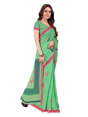 DRAVINAM Trends Women's Soft Printed Pure Linen Saree With Blouse Piece (Green)