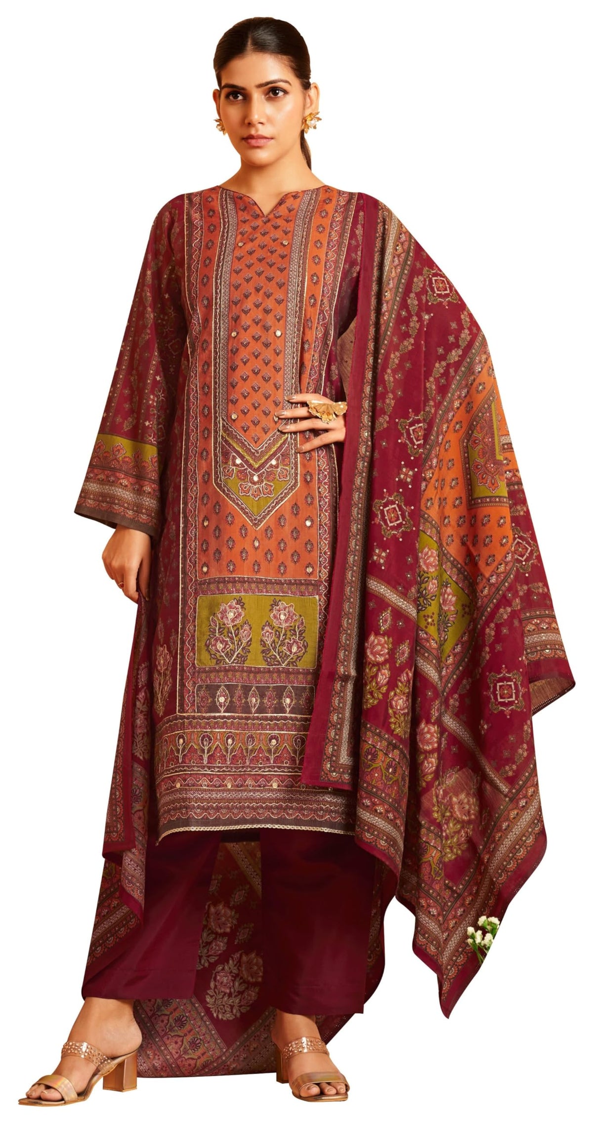 DRAVINAM Trends Women's Unstitched Maslin Suit Material - Embroidered Digital Printed Foil Masline Top II Masline Bottoms II Maslin Digital Dupatta
