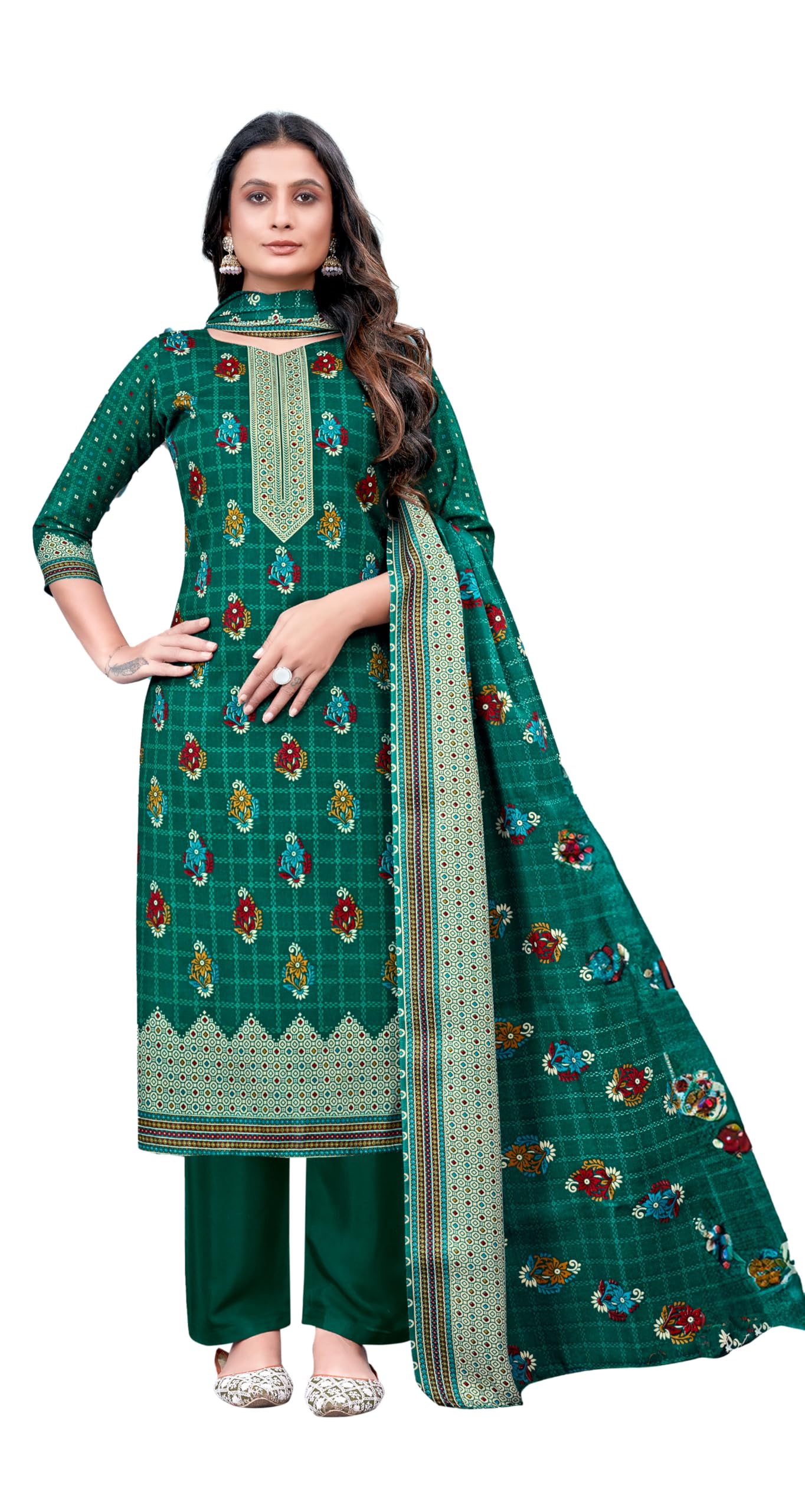 DRAVINAM Trends Women's Heavy Pashmina Spun Digital Style Kani Kashmiri Printed Unstitched Salwar Suit for Women with Siroski Work and Printed Pashmina Shawl Dupatta