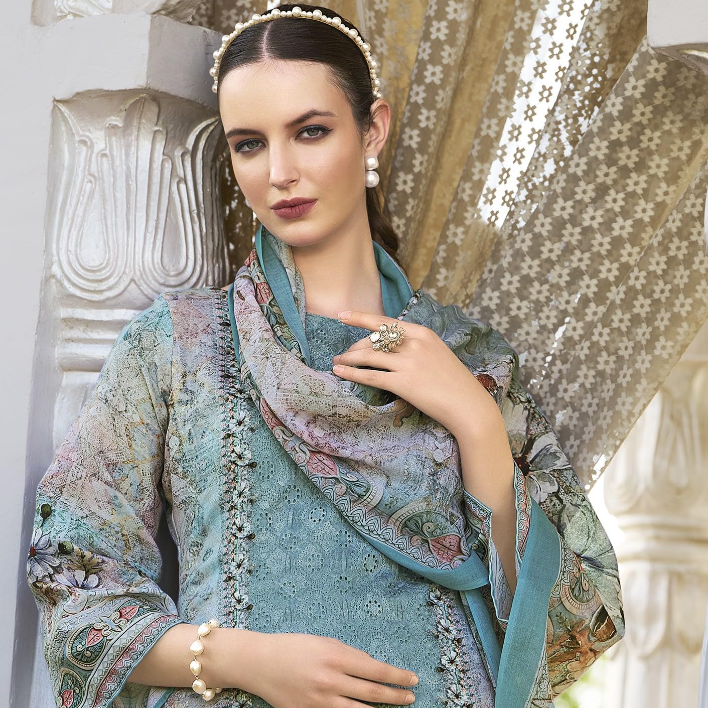 DRAVINAM Trends Women's Unstitched Salwar Suit Dress Material - Jam Cotton Digital Printed Heavy Embroidered Boring Work Kameez II Unstitch Bottoms II Cotton Dupatta