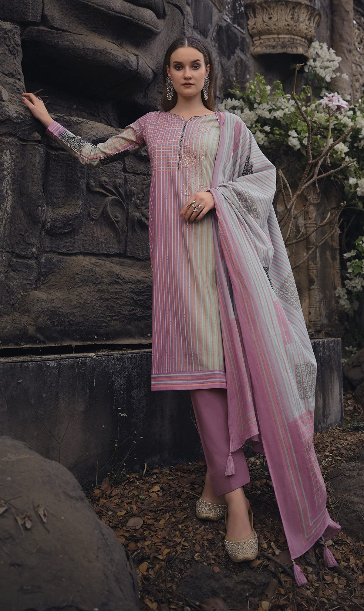DRAVINAM Trends Women's Unstitched Embroidered Pure Cambric Cotton Salwar Suit Dress Material with Digital Printed Pure Mal Cotton Dupatta (Pink and Grey)