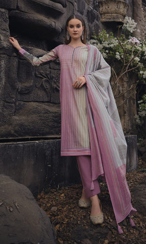 DRAVINAM Trends Women's Unstitched Embroidered Pure Cambric Cotton Salwar Suit Dress Material with Digital Printed Pure Mal Cotton Dupatta (Pink and Grey)