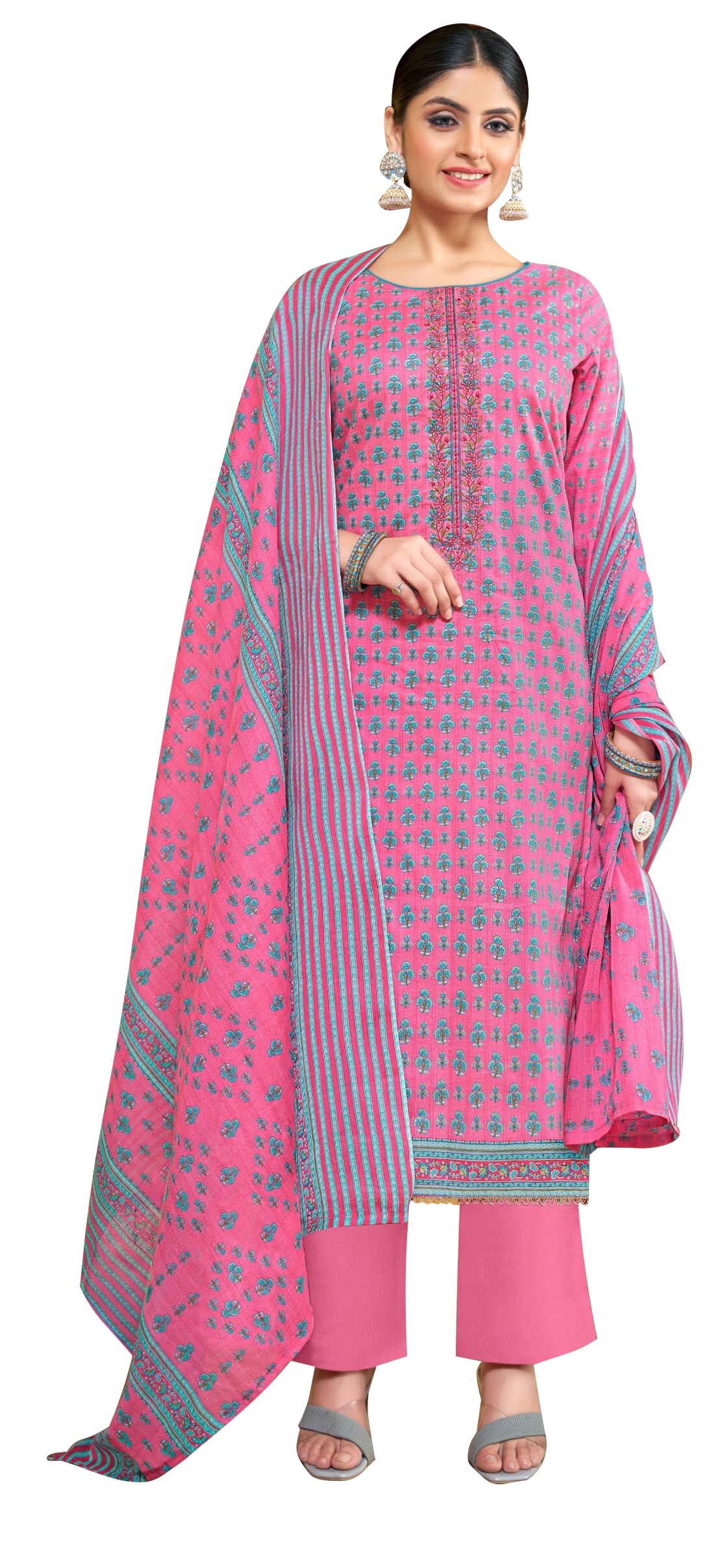 DRAVINAM Trends Pure Cotton Printed Embroidered Swaroski Work Suit Dress Material with Unstitched Bottoms and Cotton Dupatta