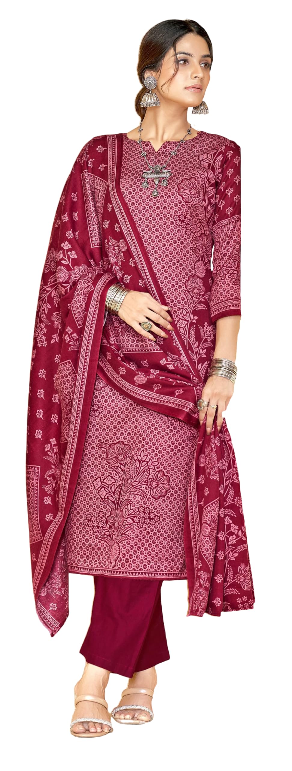 DRAVINAM Trends Women Unstitch Printed Pashmina Suit Dress Material I Digital style Printed Pashmia Top| Pure Pashmina Spun Dyed Bottoms | Luxurious Pure Woolen Shawl Dupatta with Piko work