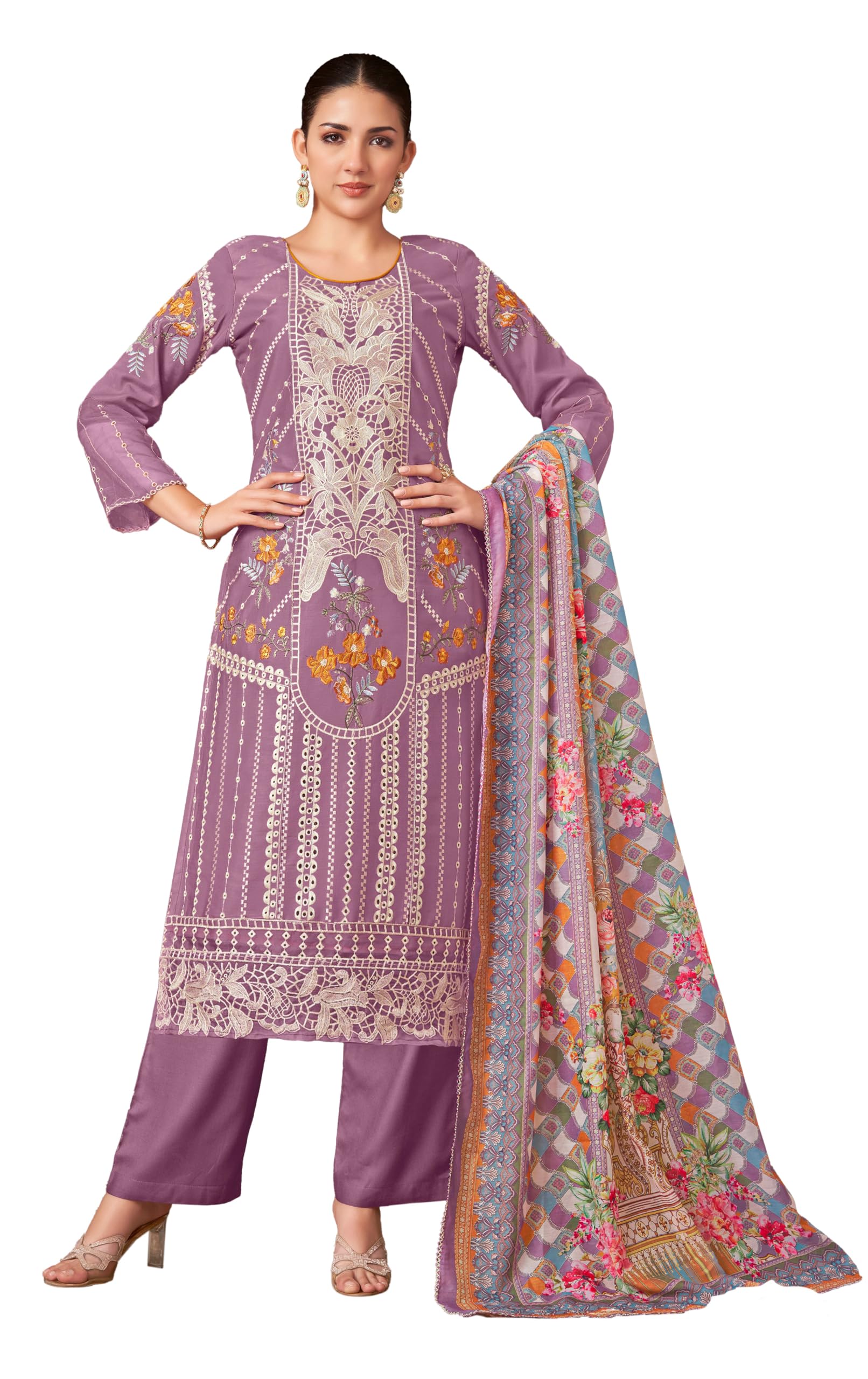 DRAVINAM Trends Women's Exquisite Unstitched Viscose Jam Cotton Suit Dress Material with Embroidered Daman & Sleeves | Stylish Pure Cotton Digital Print Dupatta & Solid Bottoms