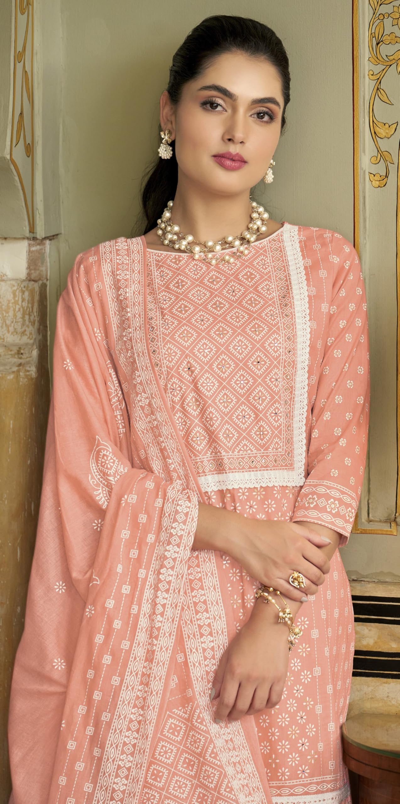 DRAVINAM Trends Unstitched Women Suit Material – Handwork and Lacework Cambric Cotton Printed Top, Cotton Bottoms and Cotton Mal Mal Printed Dupatta