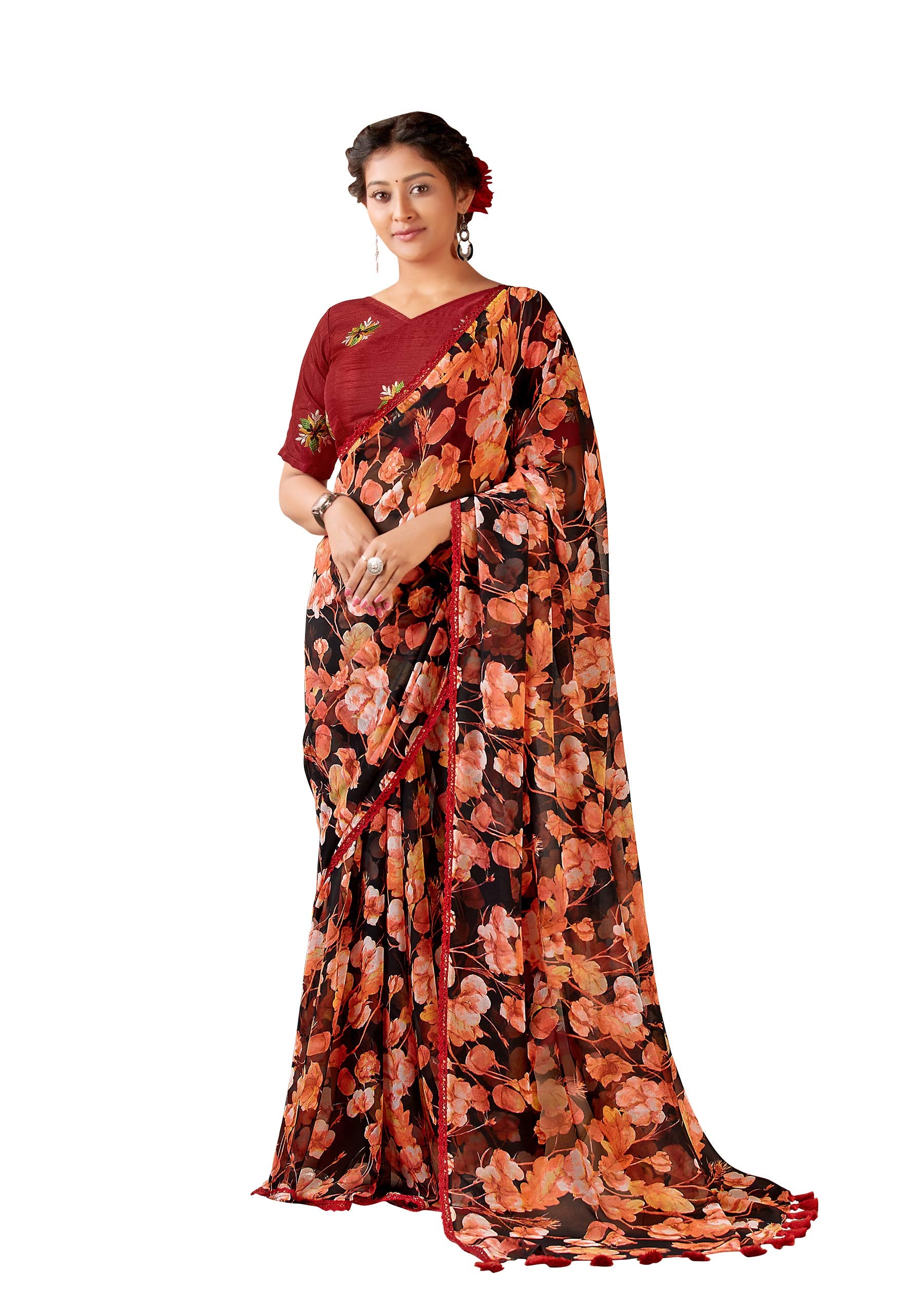 DRAVINAM Trends Women's Pure georgette Bandhani Print saree with Lace Borders and Solid Blouse Piece (Black)