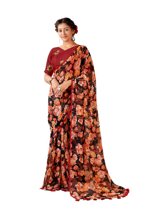 DRAVINAM Trends Women's Pure georgette Bandhani Print saree with Lace Borders and Solid Blouse Piece (Black)