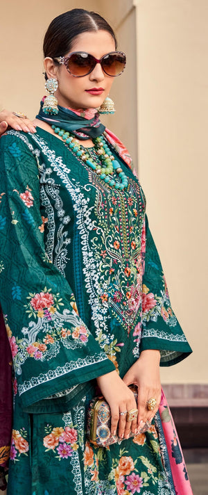 DRAVINAM Trends Lawn Cotton Pakistani Embroidered Suit Dress Material with Unstitched Bottoms and Cotton Dupatta