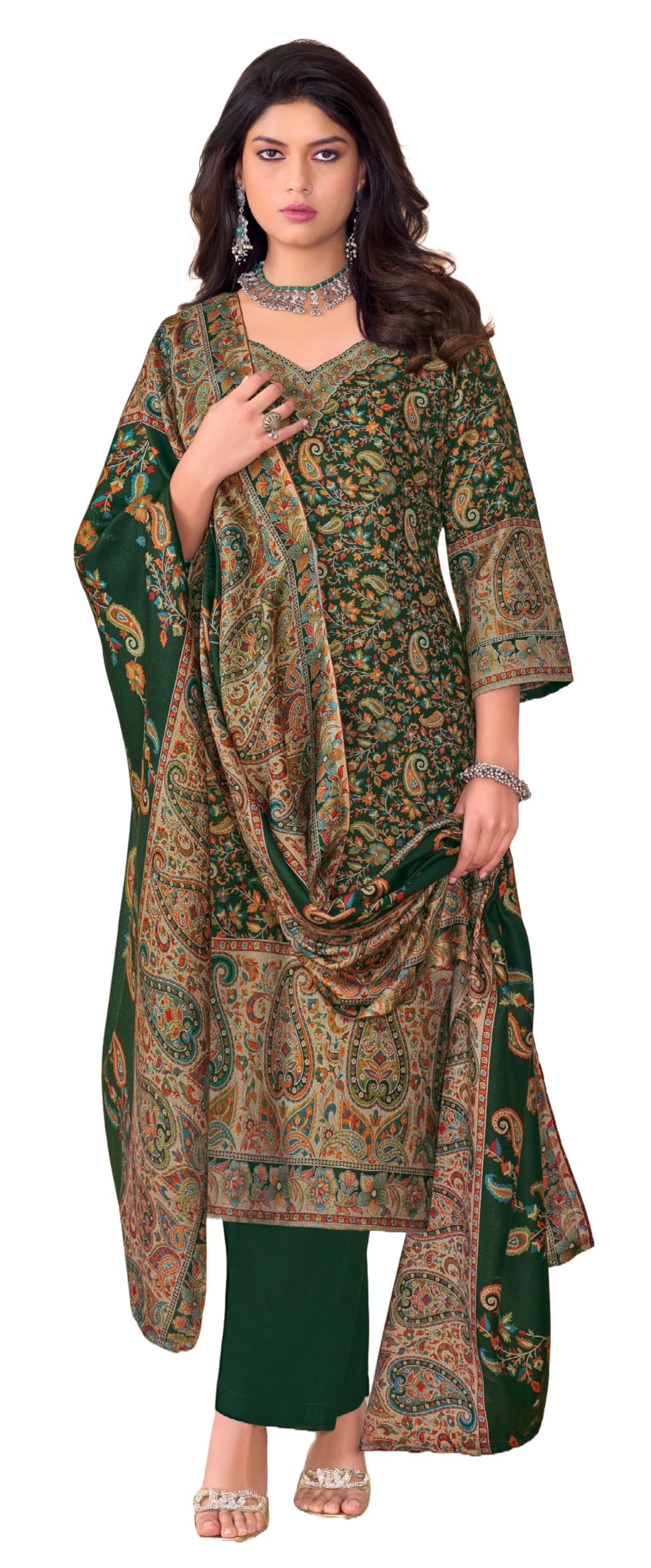 DRAVINAM Trends Women's Unstitched Winter Wear Kashmiri Kani Printed Swaroski Work Heavy Woolen Pashmina Salwar Suit Dress Material with Printed Shawl Dupatta