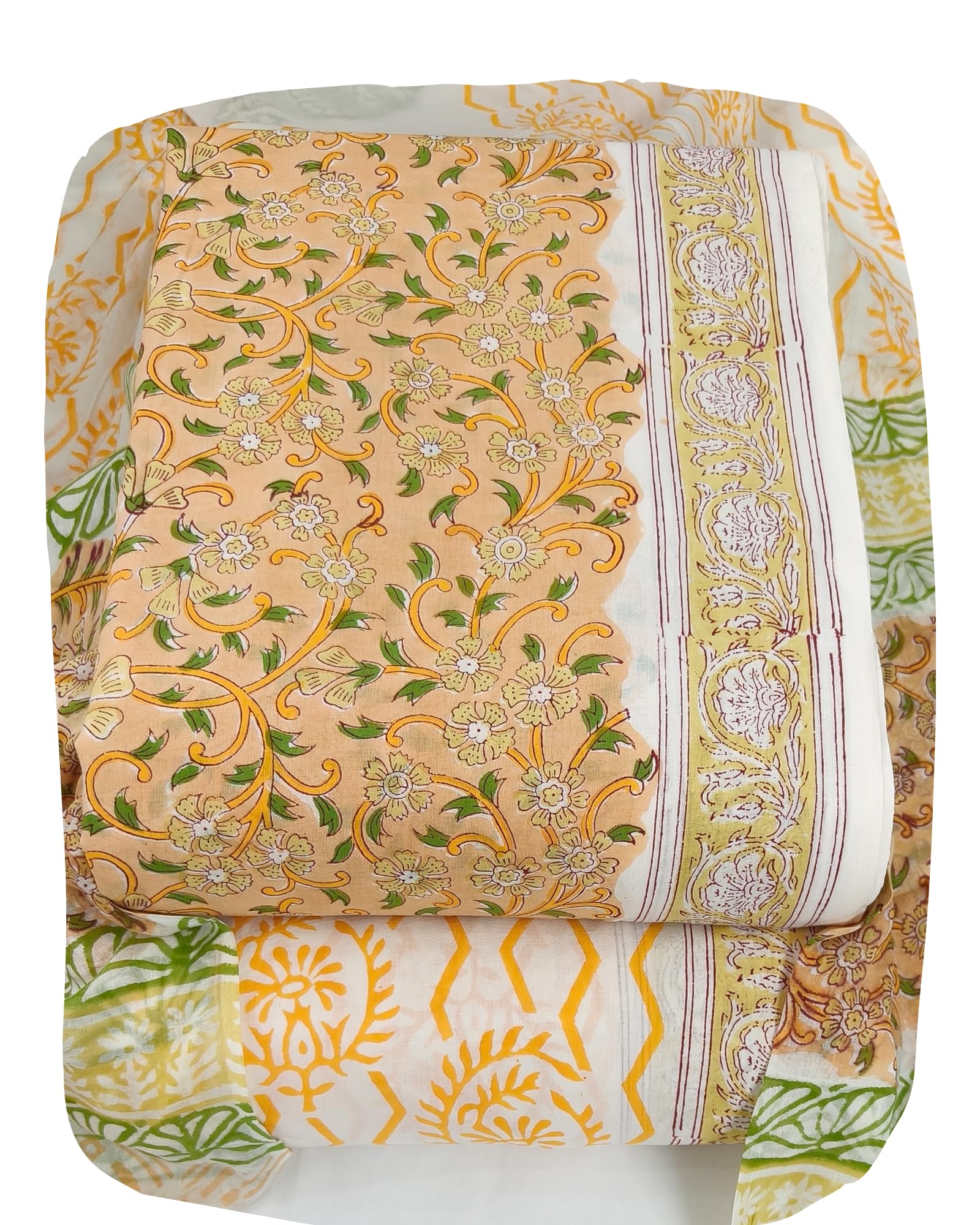 DRAVINAM Trends Hand Block Print Sanganeri Cambric Unstitched Cotton Suit Dress Material for Women with Mulmul Cotton Hand Printed Dupatta