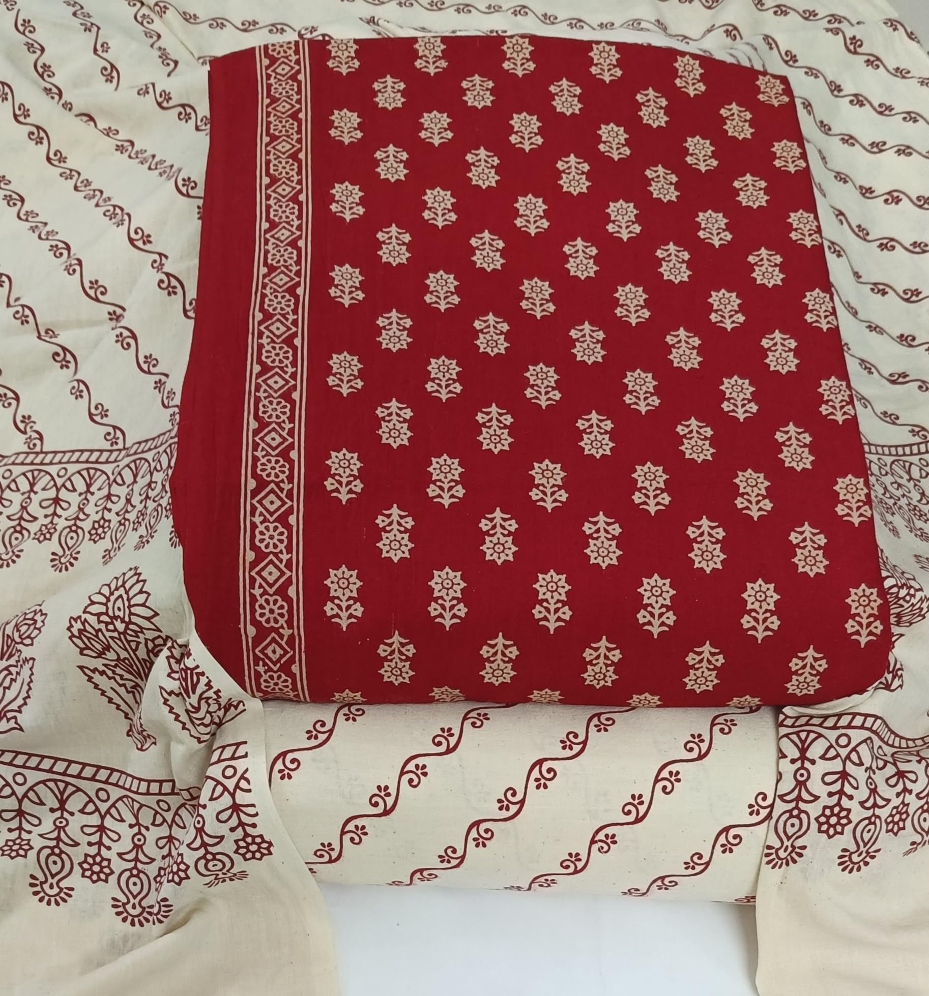 DRAVINAM Trends Women's Premium Cotton Unstitched Salwar Suit Dress Material Set | Traditional Rajasthani Gujari Block Print (Red & Mustard Yellow)