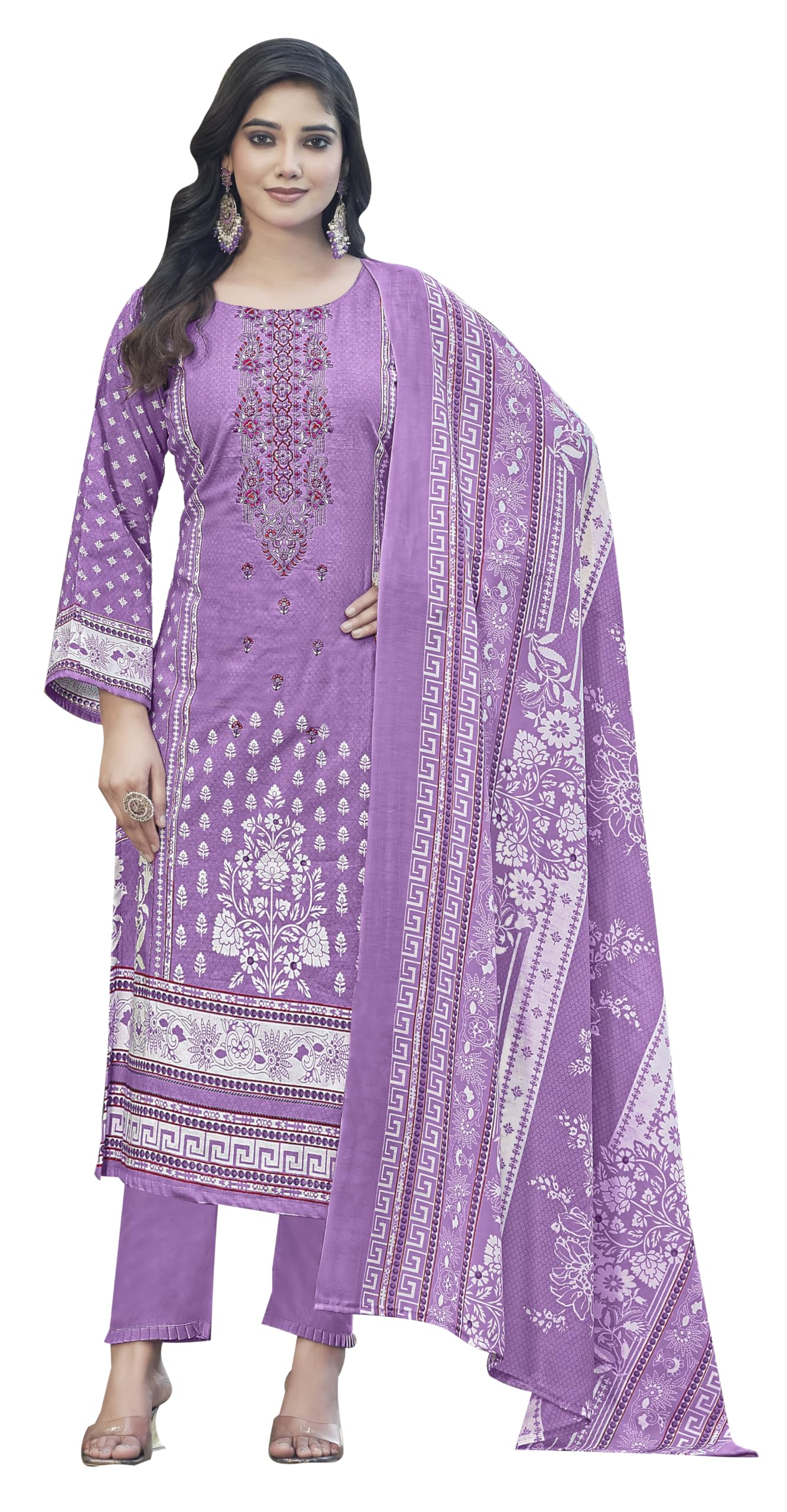 DRAVINAM Trends Women's Pure Lawn Cotton Pakistani Embroidered Suit Dress Material with Unstitched Bottoms and Cotton Dupatta