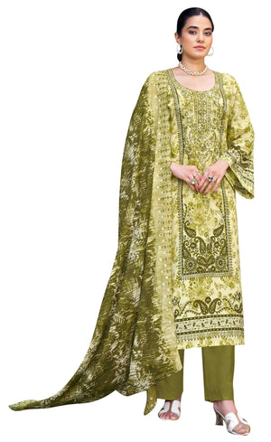 DRAVINAM Trends Unstitched Cotton Suit Dress Material Set: Pakistani Print Top Fabric with Embroidery | Customizable Solid Bottoms | Cotton Fancy Dupatta