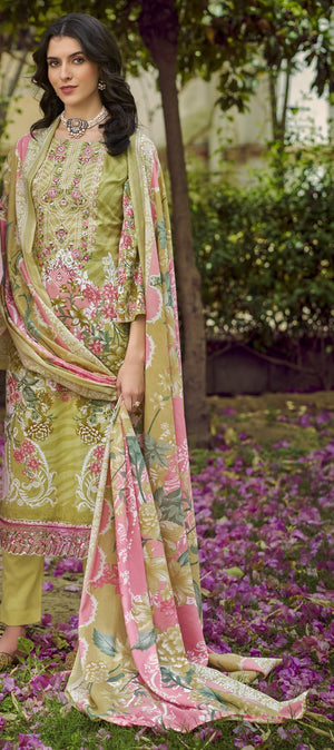 DRAVINAM Trends Women's Pure Cotton Digital Printed Suit with Exclusive Heavy Self-Embroidery Neck & Organza Daman Embroidery | Mal Mal Cotton Printed Dupatta & Bottom – Ready to Wear (OLIVE, XXL)