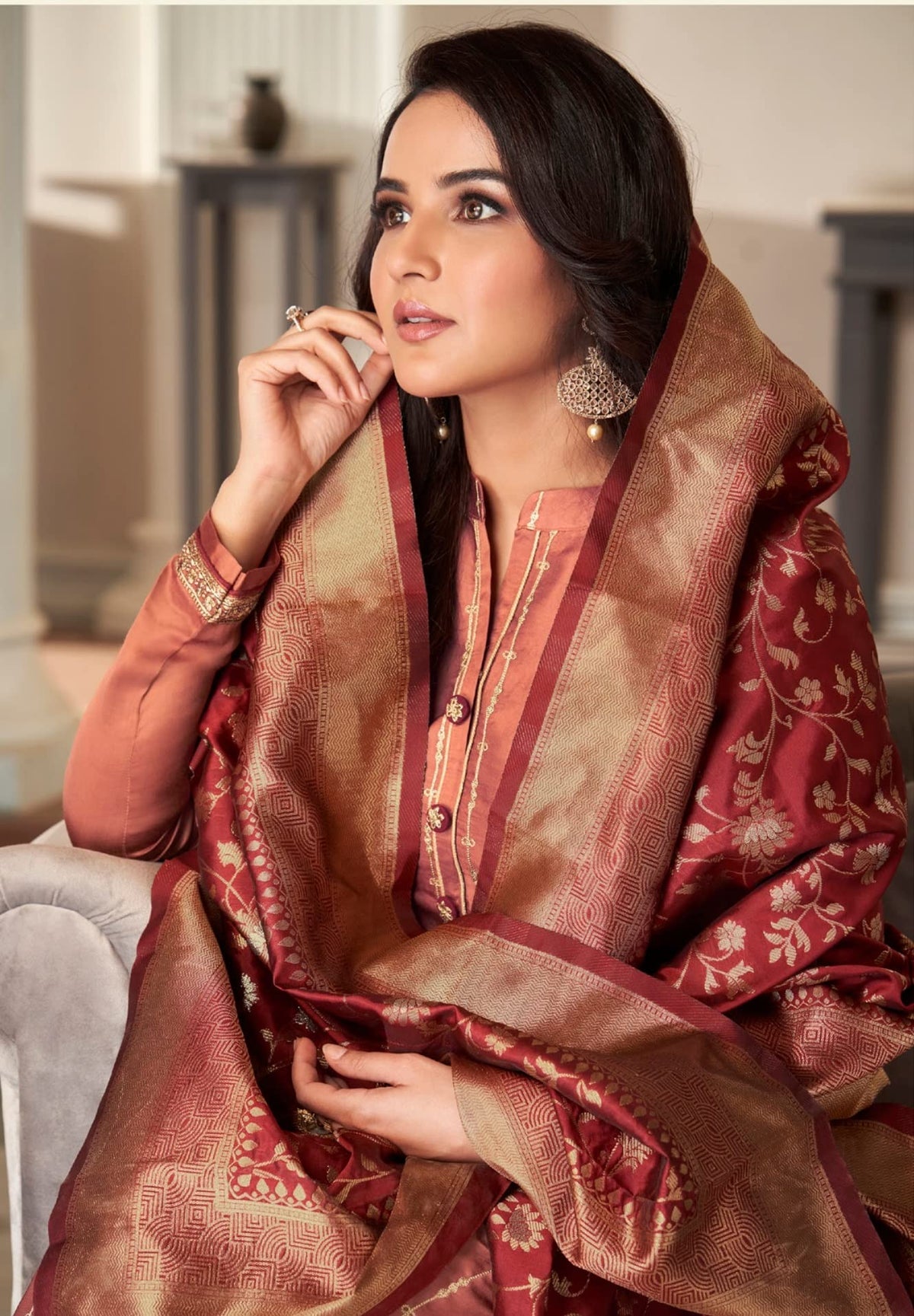 DRAVINAM Trends Women's Heavy Modal Satin Silk Sharara Style Pakistani Embroidered Salwar Suit Dress Material with Double Zari Jacquard Silk Banarasi Dupatta (Rust)