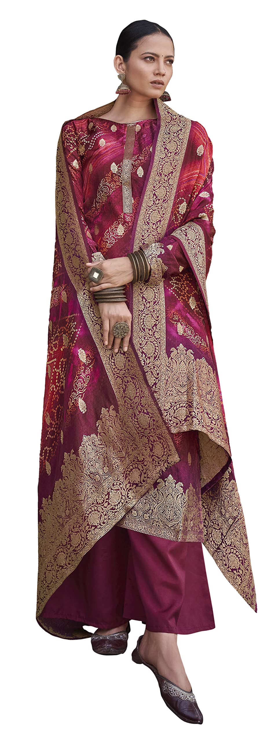 DRAVINAM Trends Women's Pure Dola Silk jacquard Bandhani Digital printed Sharara style Unstitched Suit Dress material with Pure Dola silk Woven Banarasi Dupatta (Free size_Pink)