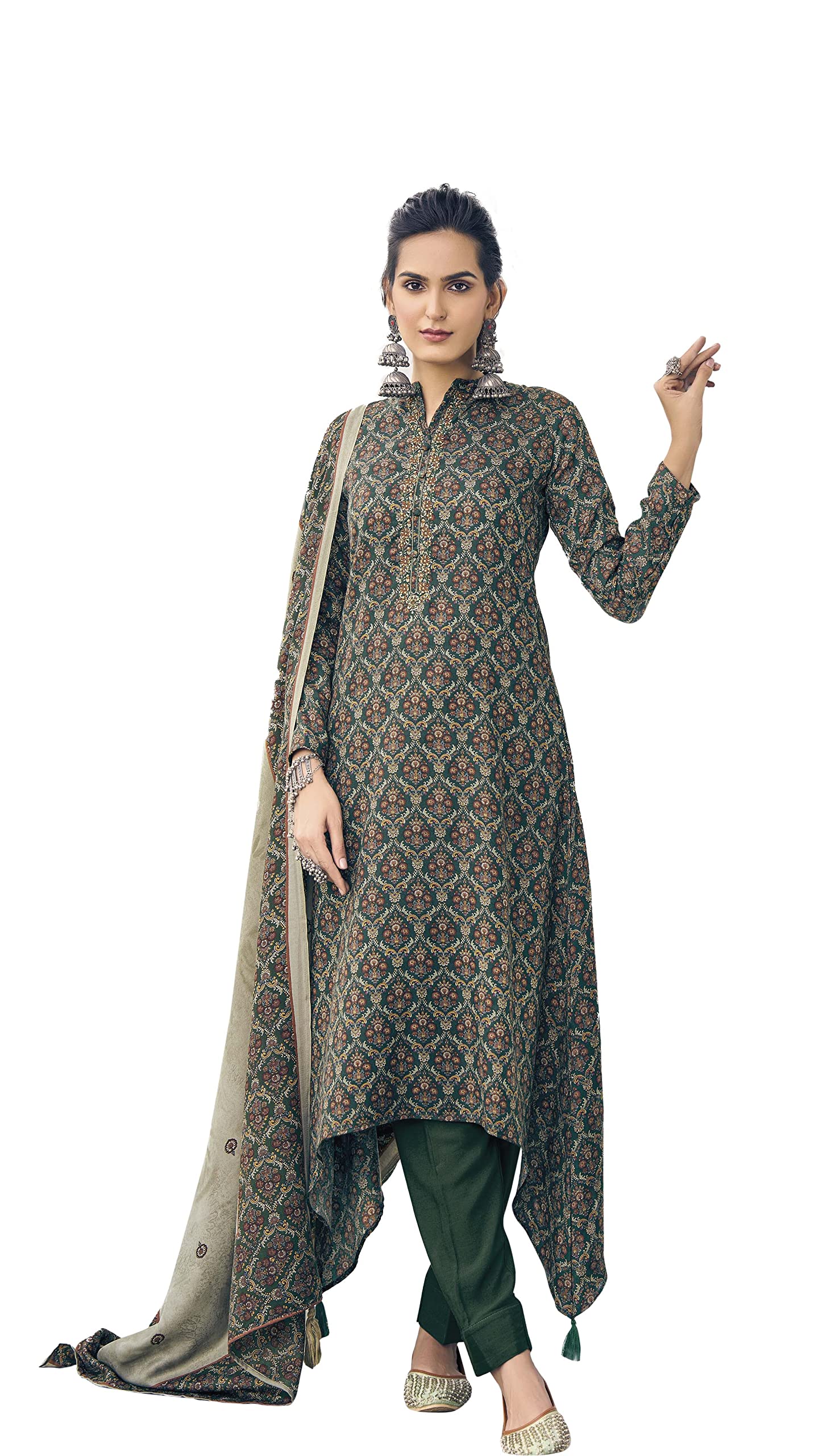 DRAVINAM Trends Women's Winter wear Embroidered Pure Wool Pashmina Digital Printed Unstitched Salwar Suit Dress Material with Pure Pashmina Warm Shawl Dupatta (Brown)