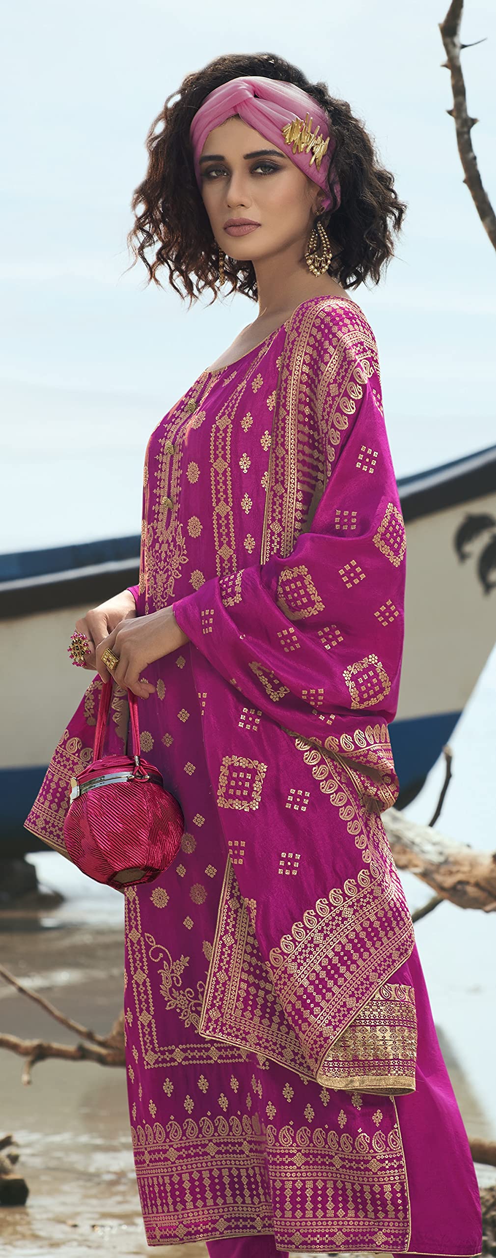 DRAVINAM Trends Women's Pure Banarasi Silk Unstitched Embroidered Sharara Style salwar Suit Dress Material with Heavy Pure Banarasi Jacquard Silk Dupatta (Free size_Magenta)