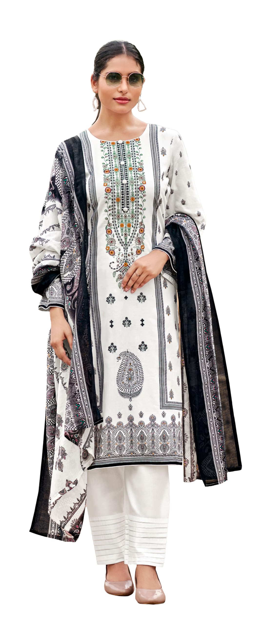 DRAVINAM Trends Women's Pakistani Print Embroidered Unstitcehd Pure Cambric Cotton Salwar Suit Dress Materials with Pure Cotton Printed Dupatta