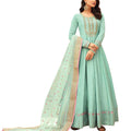DRAVINAM Trends Women's Heavy Dola silk Embroidered and Hand Work Floor length Unstitched Gown Suit Material with Heavy Net Embroidered and Hand work Dupatta (Free size_Sea Green)