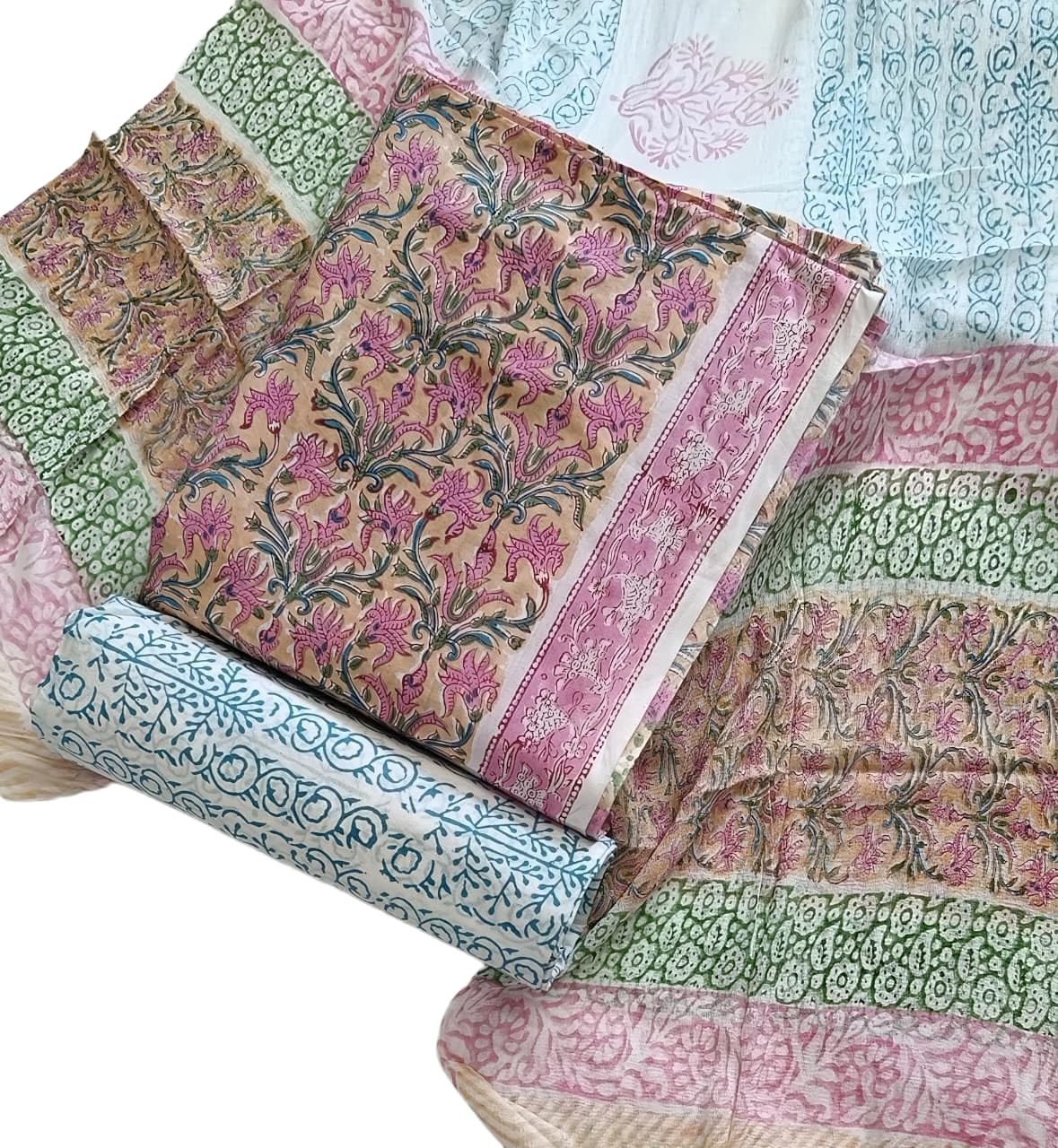 DRAVINAM Trends Hand Block Print Cambric Cotton Unstitched Salwar Suit Set for Women with Pure Chiffon Hand Printed Dupatta